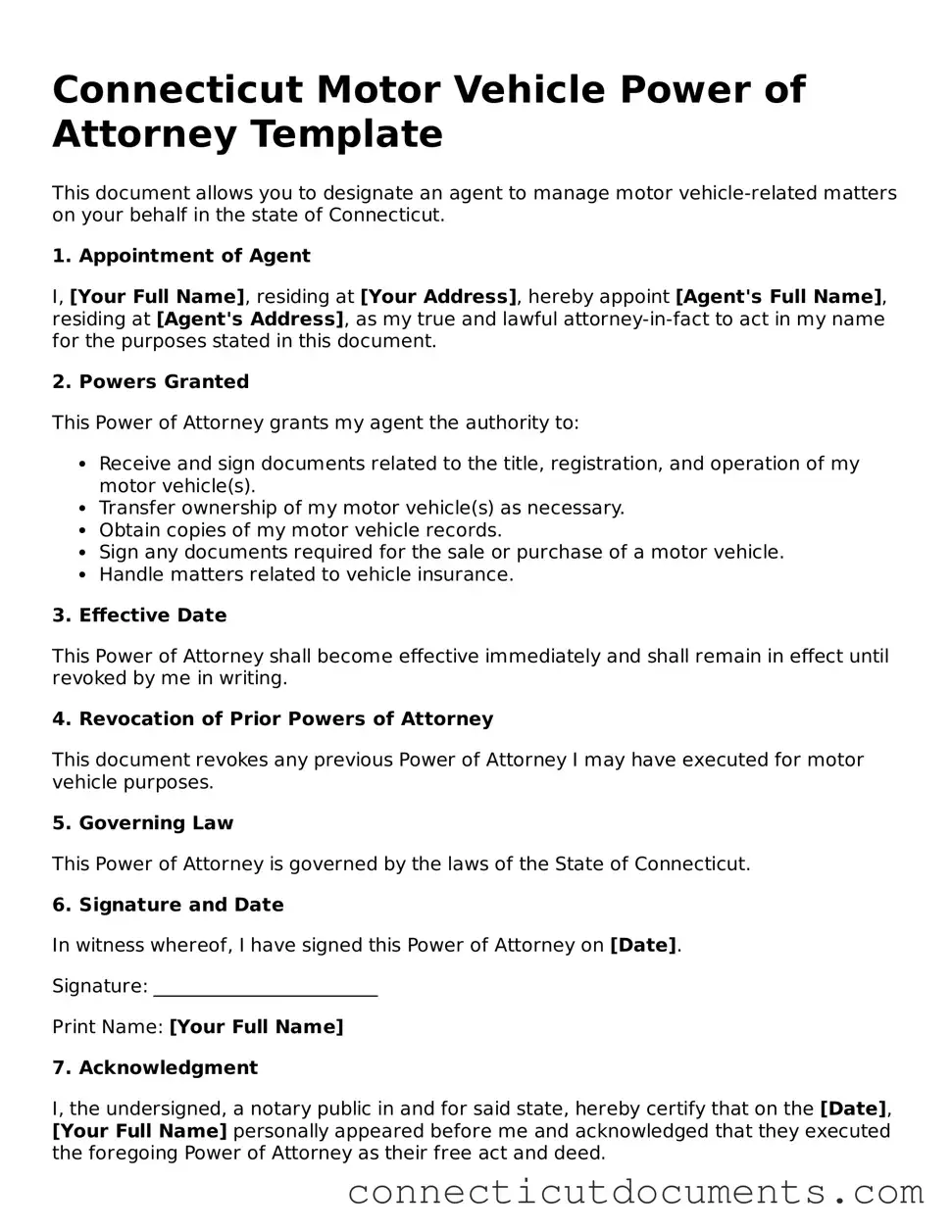 Attorney-Verified Motor Vehicle Power of Attorney Form for the State of Connecticut