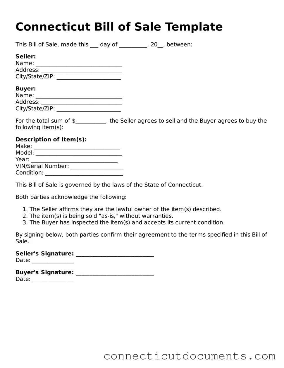Attorney-Verified Bill of Sale Form for the State of Connecticut