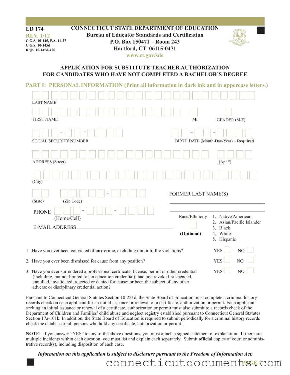 Fill a Valid Connecticut Ed 174 Template