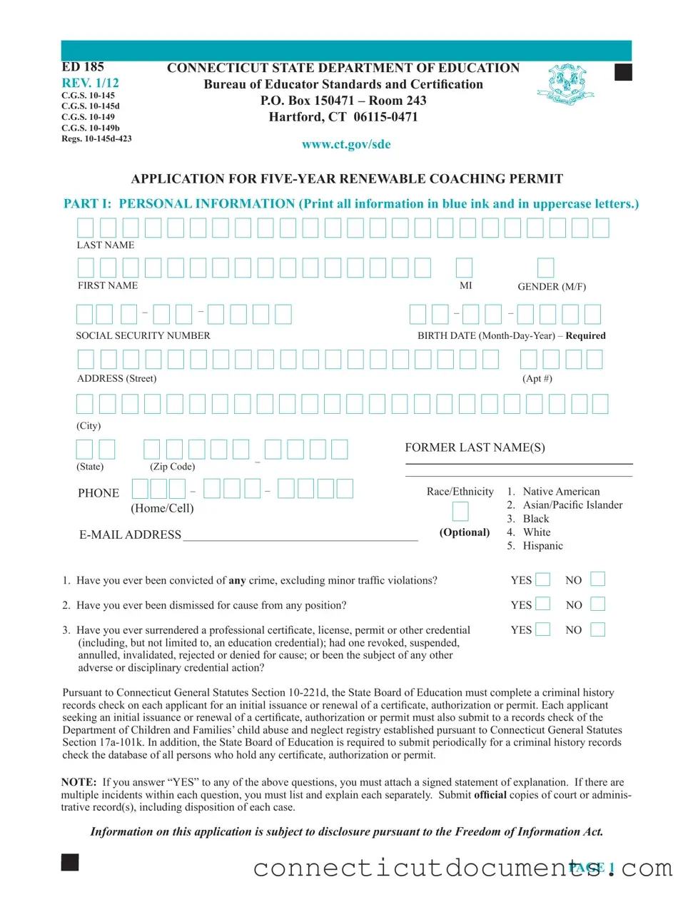 Fill a Valid Connecticut Ed 185 Template