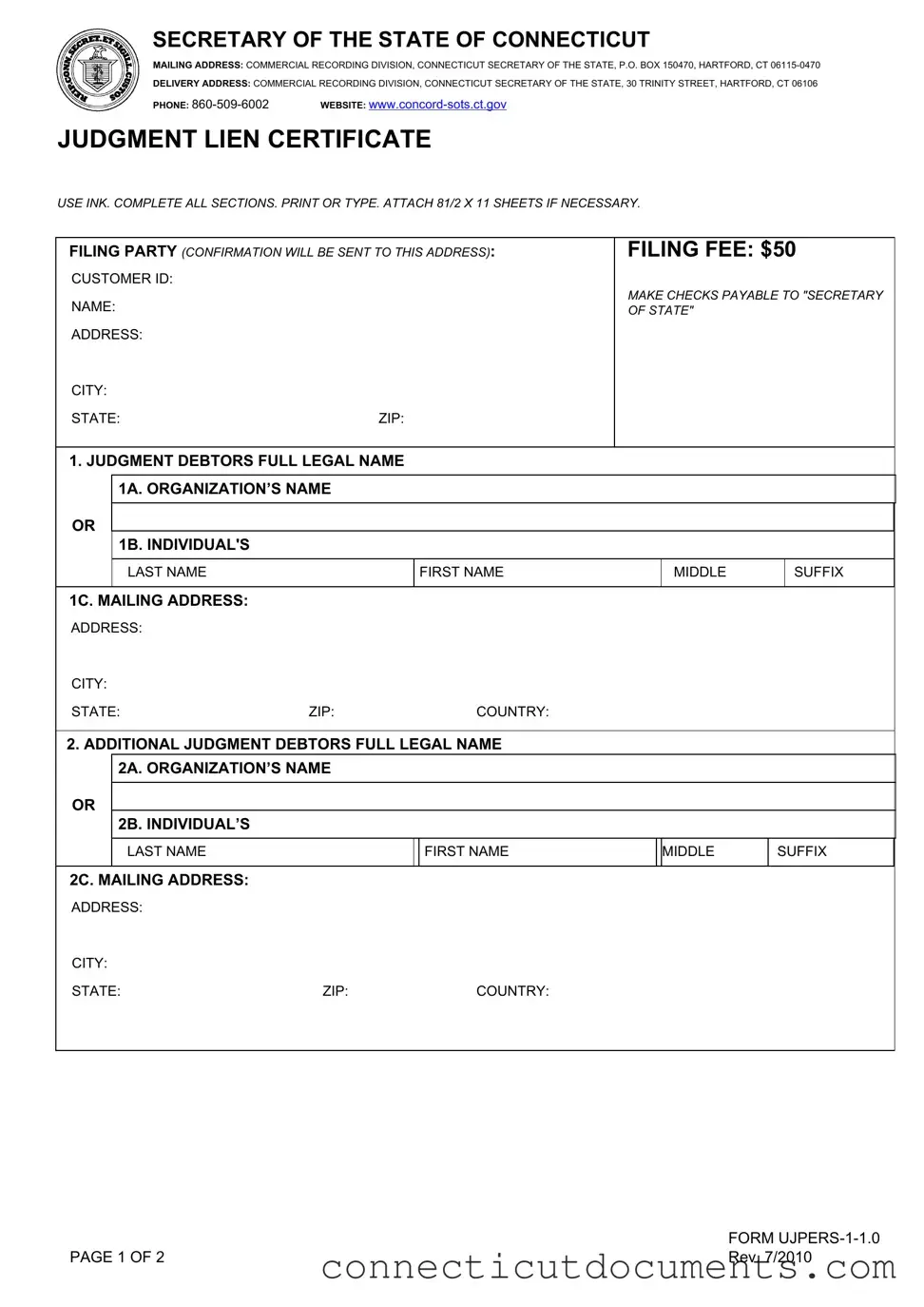 Fill a Valid Judgment Lien Certificate Connecticut Template